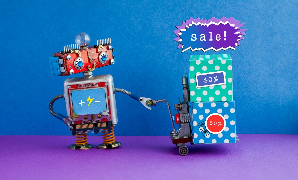 Special sale promotion poster. Comical robot moving shopping cart boxes with discount advertising stickers. Blue purple background.